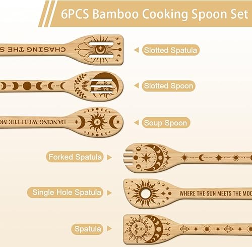 Miniatura 2 de GLOBLELAND Juego de 6 cucharas de cocina de bambú con diseño de sol y luna, juego de cucharas de cocina grabadas de madera, juego de espátulas de