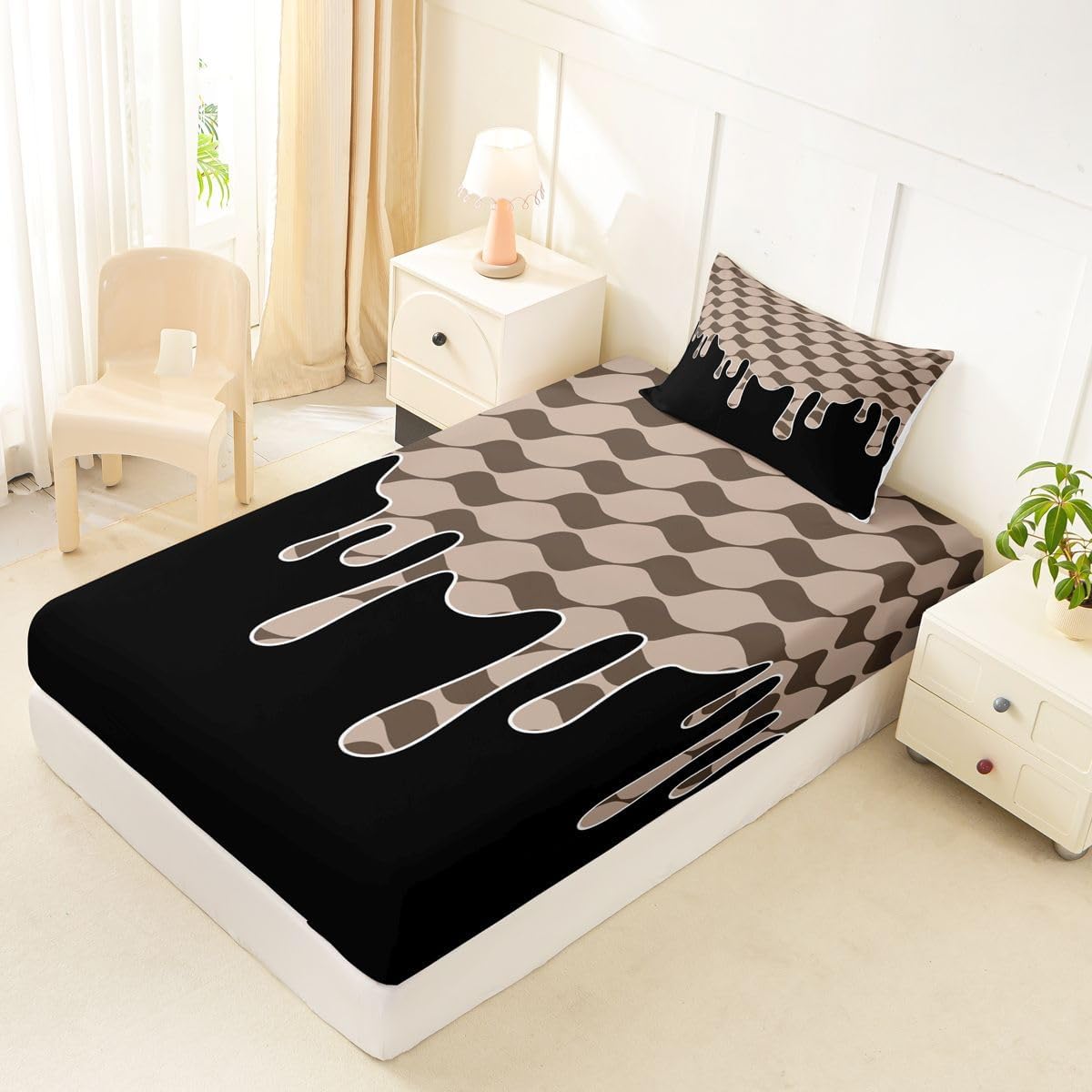 Erosebridal Brown Checkered Drip Twin Bed Sheets for Girls Geometric Triangle Plaid Bedding Set for Kids Teens Youth Adult | Simple Modern Grid Aesthetic Fitted Sheet Farmhouse Buffalo Sheets image 3