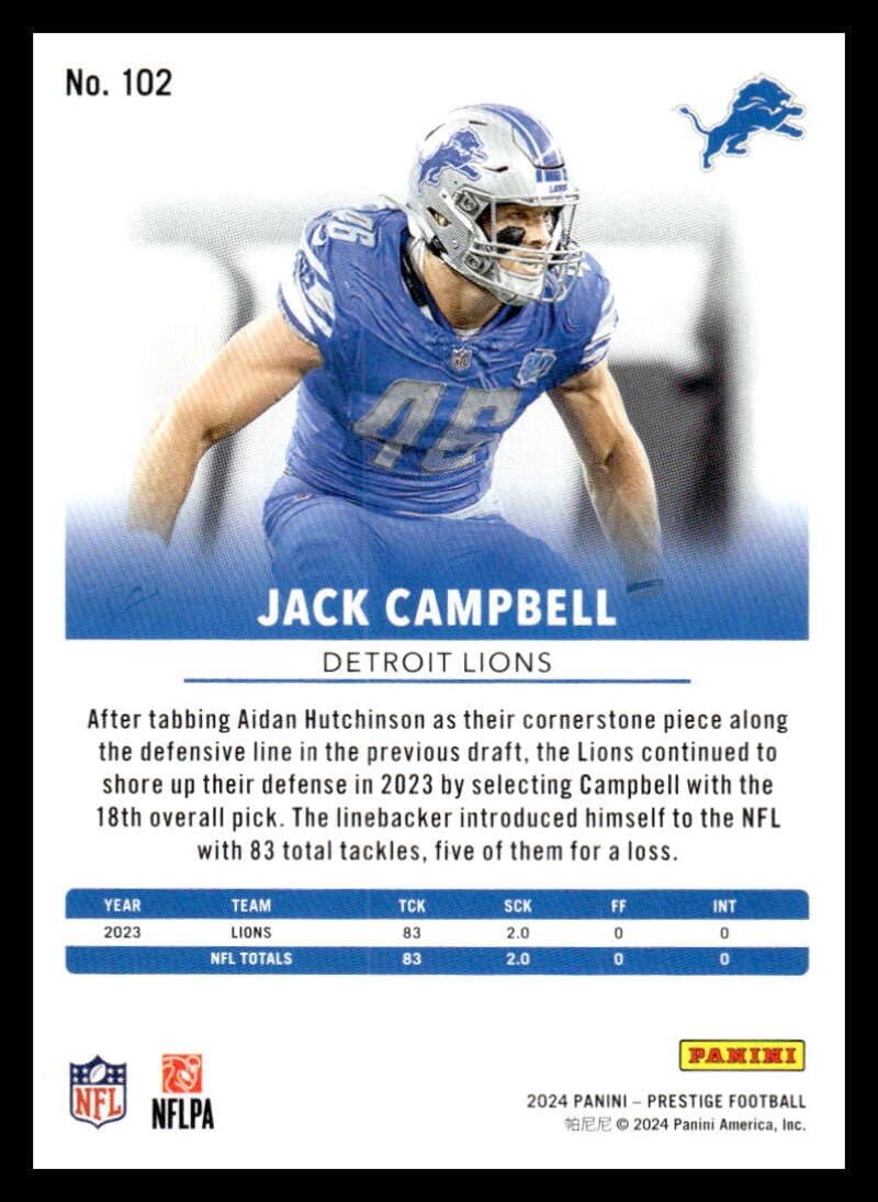 2024 Panini Prestige #102 Jack Campbell Detroit Lions NFL Football Base Trading Card