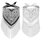 OYANIMO Disco Fringed Bandana 2 Pcs Cowgirl Bachelorette Bandanas Sparkly Rhinestone Fringe Bandanas for Women Men Western Party