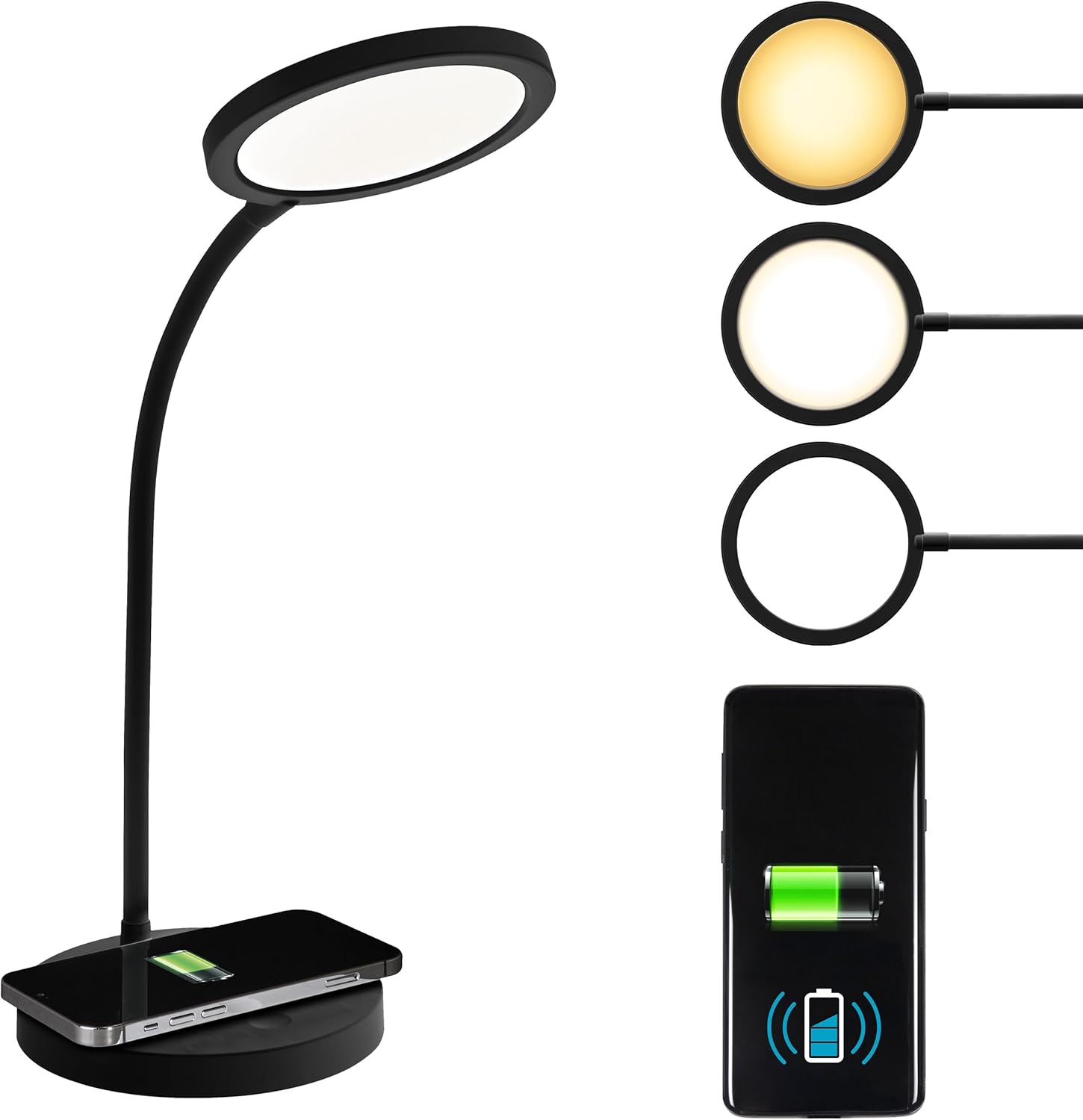 OttLite Good Housekeeping Circular LED Desk Lamp with Wireless Charging - Designed to Reduce Eyestrain - Adjustable Neck Desk Lamp for College Dorm Room, Crafting, Reading, 3 Color Modes