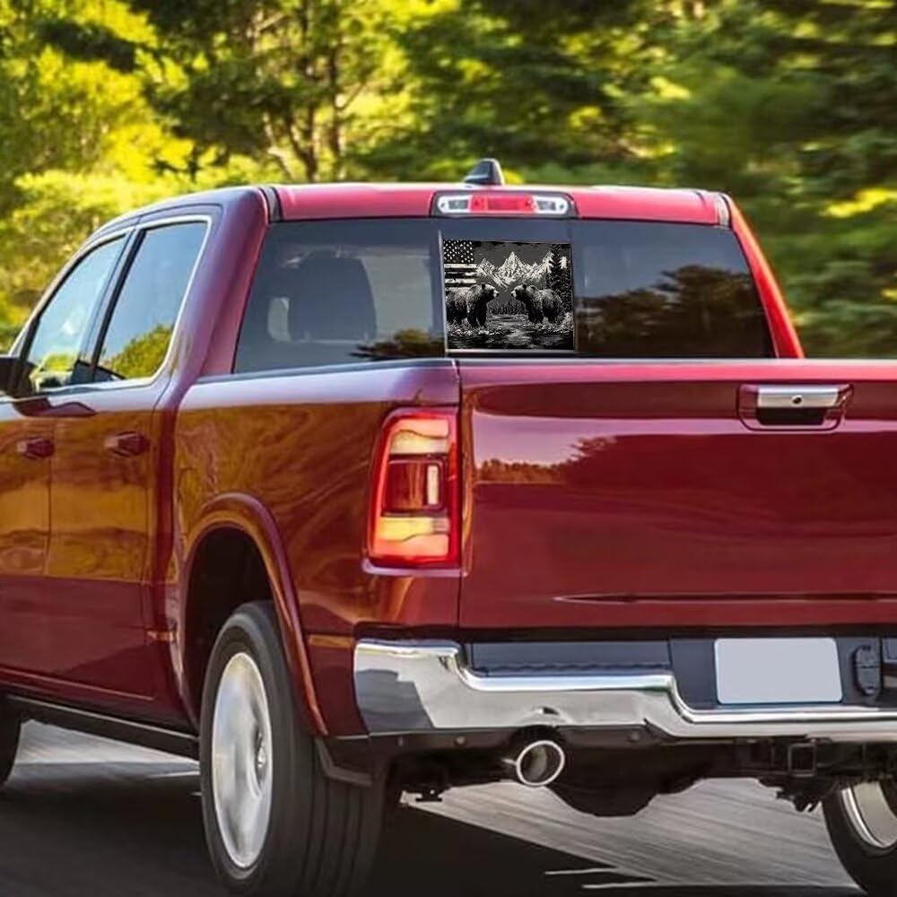 American Flag Bear Rear Middle Window Decals for Trucks, Mountain Pine Trees Back Sliding Window Perforated Vinyl Sticker,Patriotic Car Decoration Accessories Decal, 14.1" W X 11.8" H