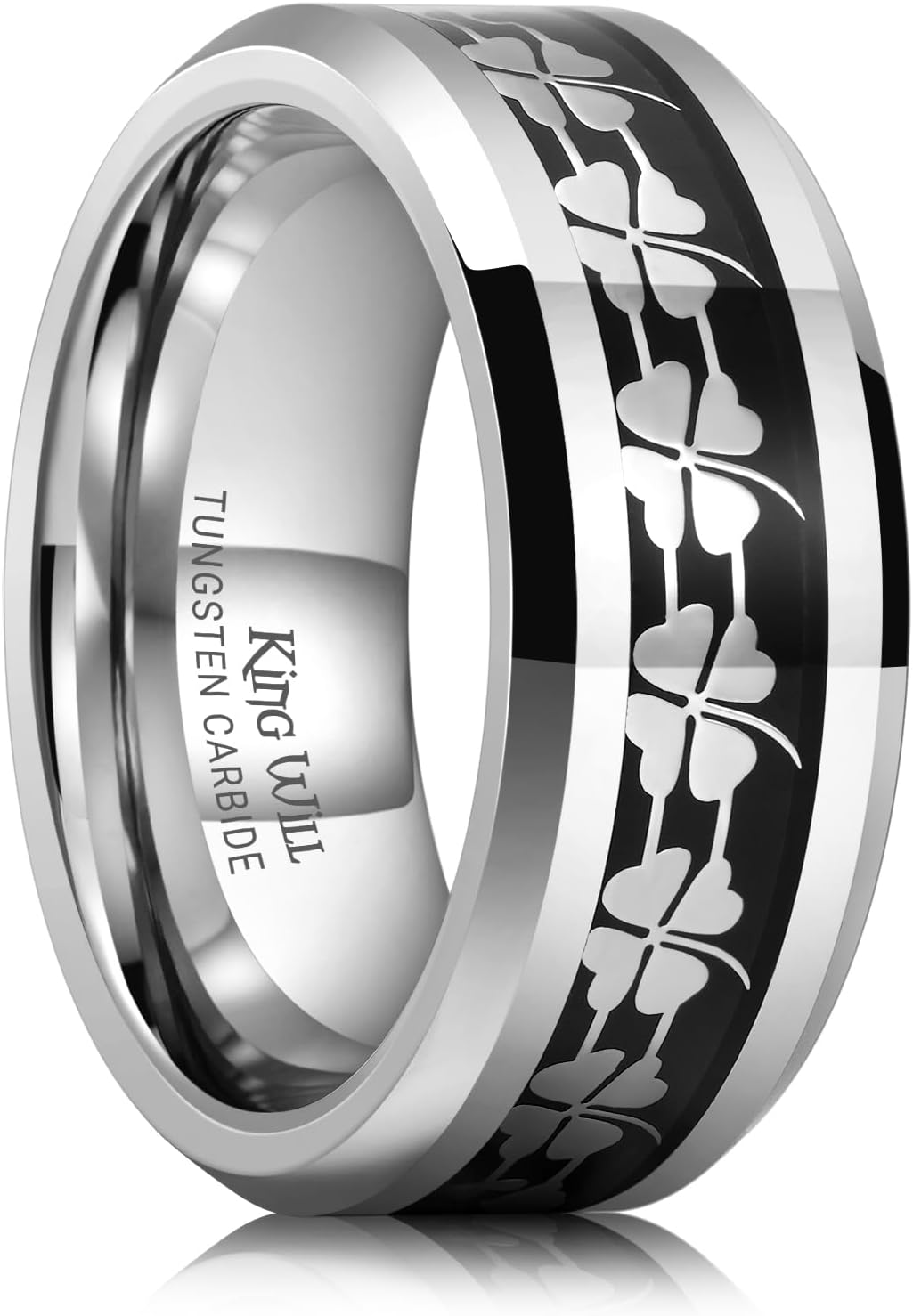King Will Men's Tungsten Ring, 0.3 inch (8 mm) Wide, Black, Silver, Wedding Band, Blue Foil Inlay, No Gemstones