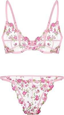 Lilosy Sexy Floral Embroidered Mesh Sheer Underwire Lingerie Set