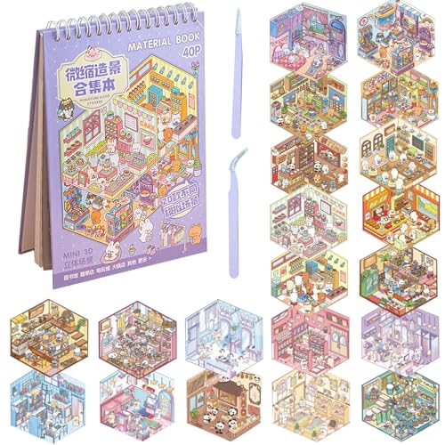 HTTDSLF 20 Sujets Autocollants de Scène, 3D Stickers Scene Miniature, Autocollants 3D House Stickers pour Soulager le Stress et Passer le Temps, avec 2 Pincette, Cadeau Parfait