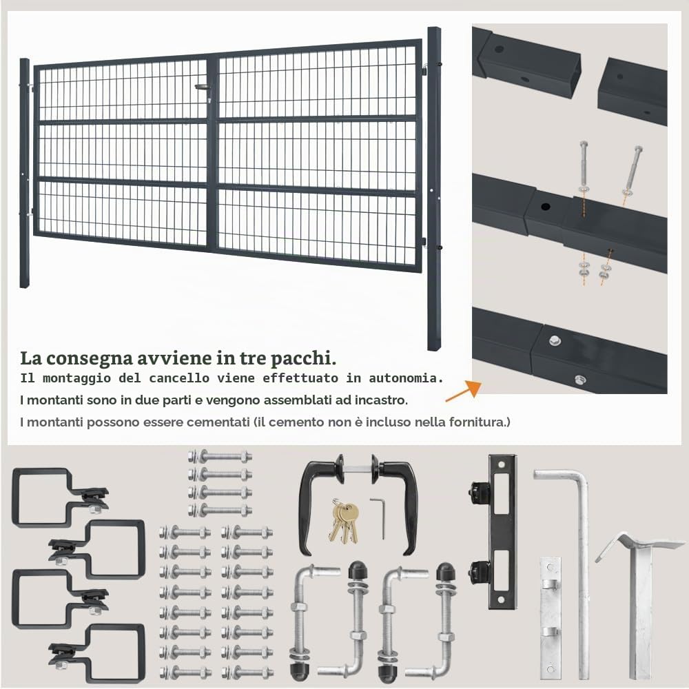 Cancello da Giardino, 300 x 140 cm, Doppia Anta in Metallo, per Asta di Recinzione, con Pali Inclusi, Colore: Grigio