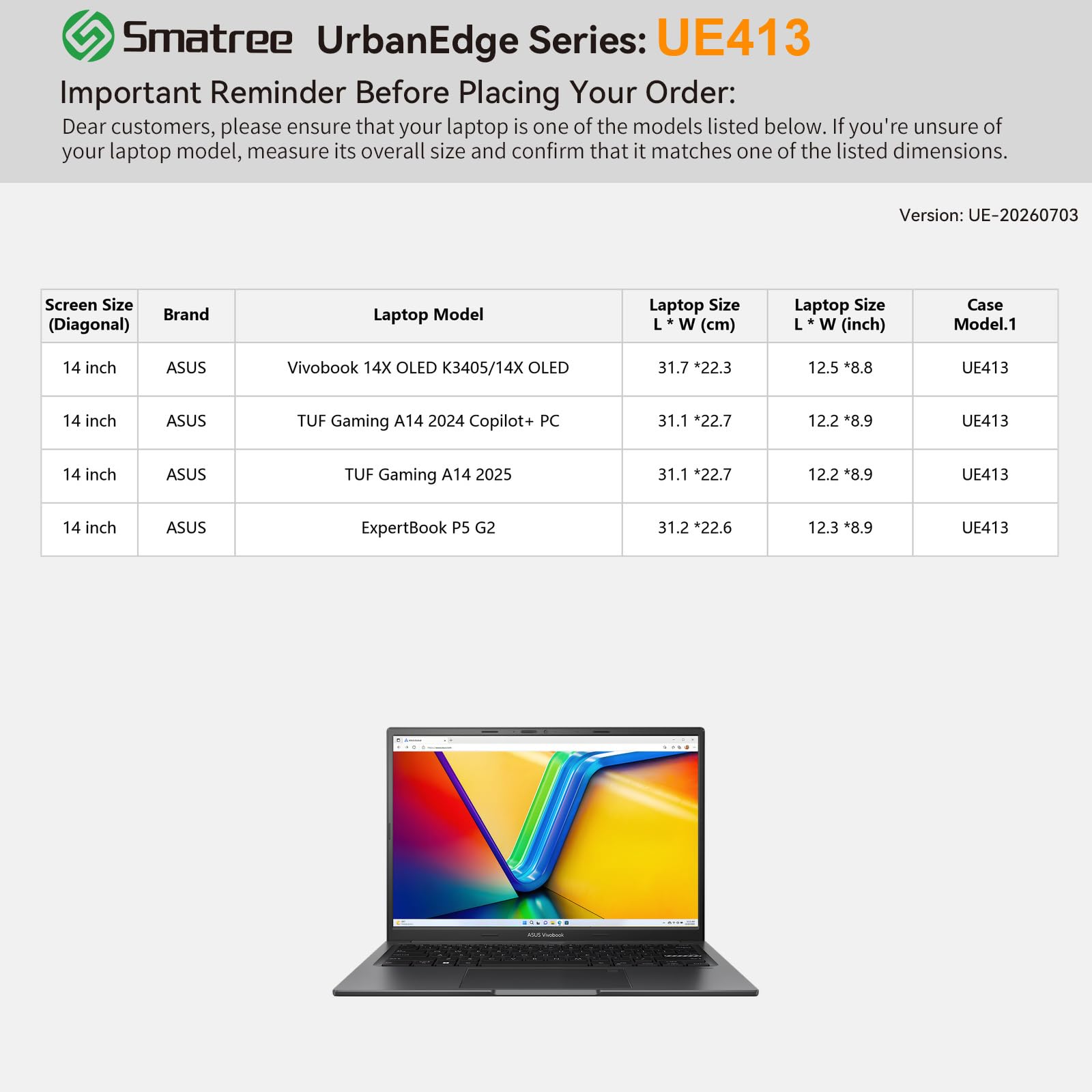 Smatree UrbanEdge Etui na laptopa do 14 cali ASUS Vivobook 14X OLED K3405/14X OLED;TUF Gaming A14 2024/2025;14 cali ASUS ExpertBook P5 G2,z kieszenią na akcesoria(UE413)