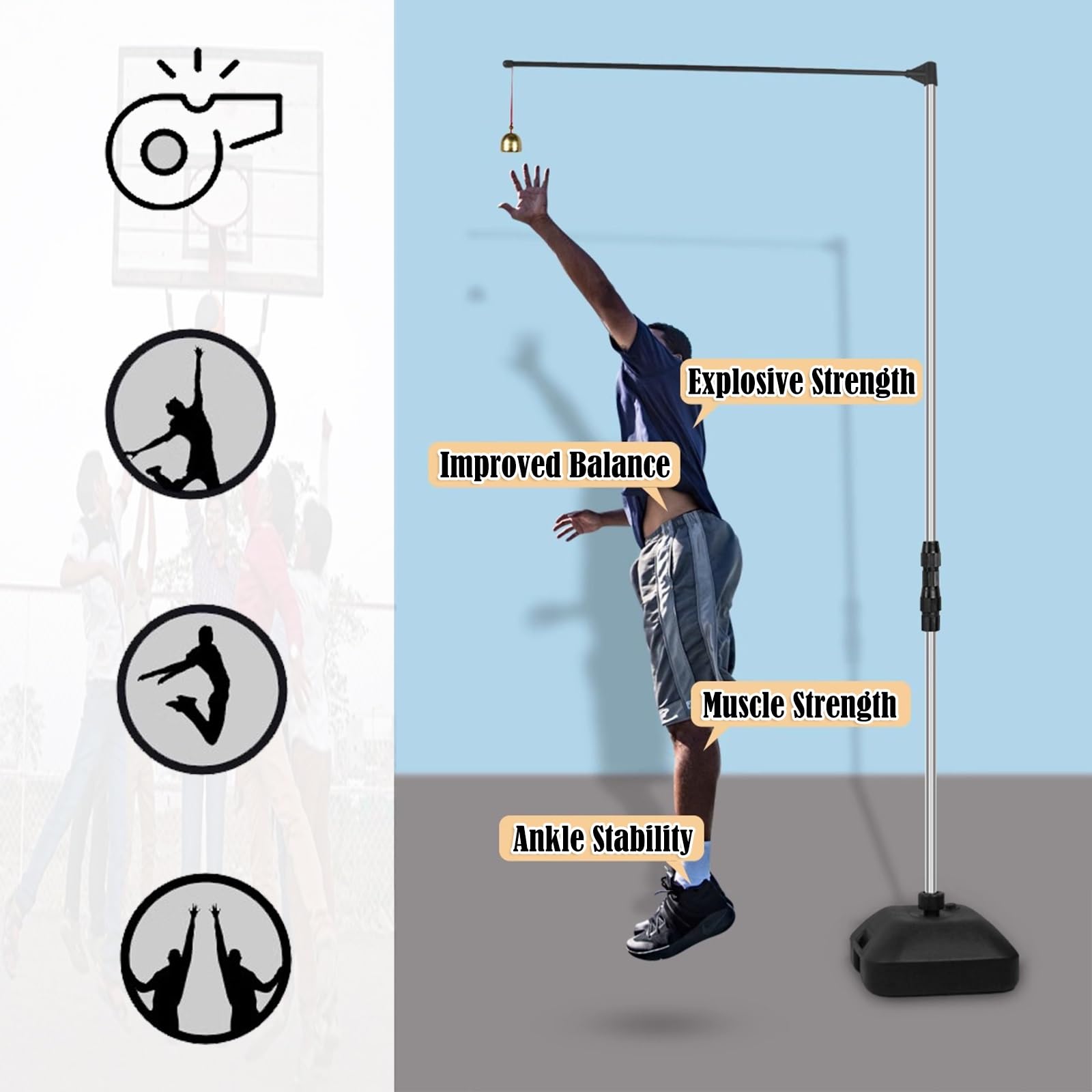 ERRULAN Kids Vertical Jump Trainer Equipment Holder, 5-12ft Adjustable High Jump Tester Measurement Tool Floor Stand, School Club Jumping Pole/Vertical Aid with Water Filled Base, 961008