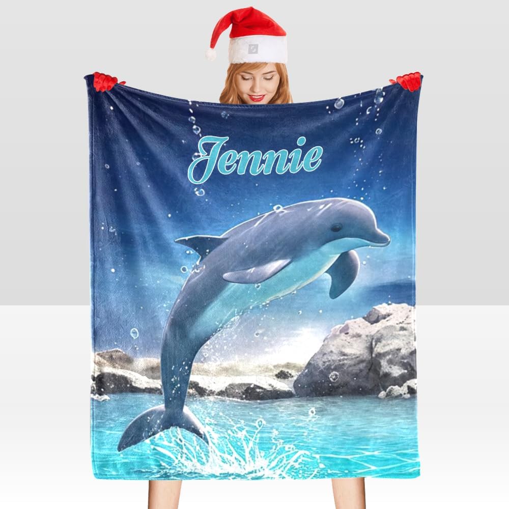 Custom Blanket with Name Text,Personalized Pretty Dolphin Super Soft Fleece Throw Blanket for Couch Sofa Bed (50 X 60 inches)