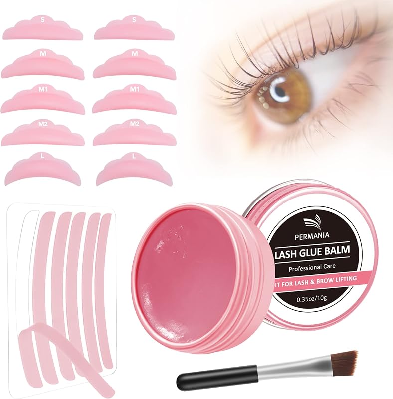 PERMANIA Kit de moldes de silicone para curvatura de cílios com bálsamo adesivo, 17 peças, rosa