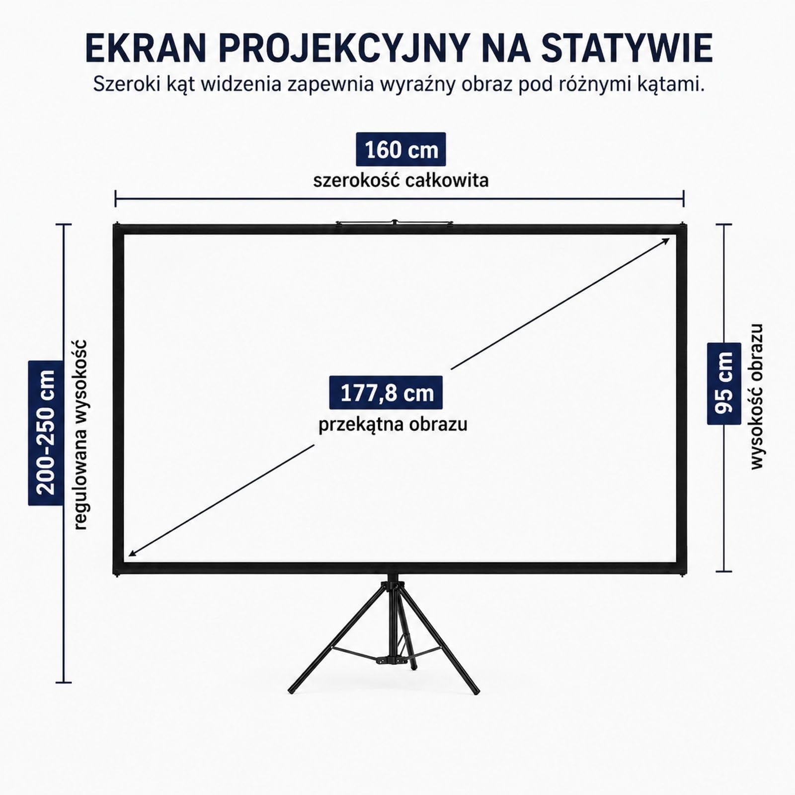 Ekran projekcyjny ze statywem, poliestrowa powierzchnia ekranu i regulowany aluminiowy stojak do kina domowego oraz prezentacji