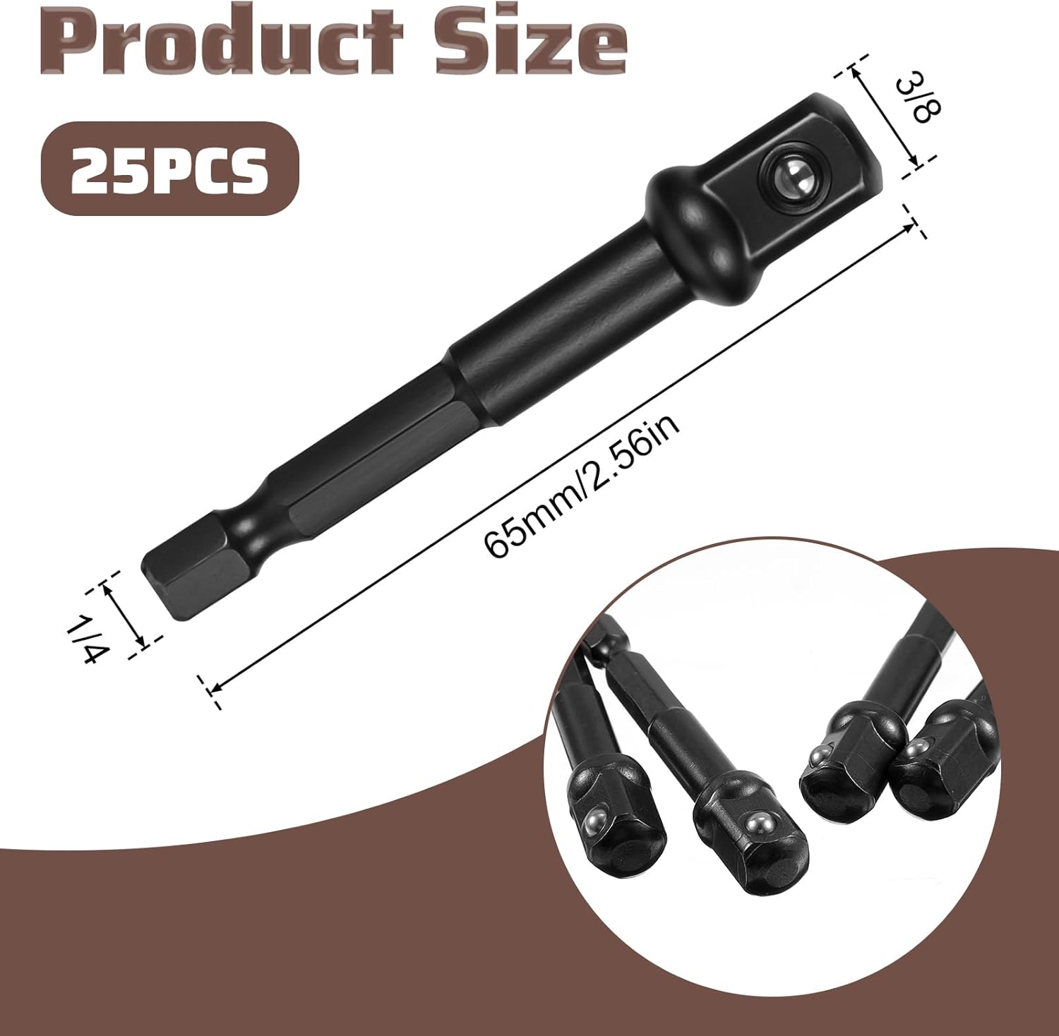 25 Pcs Impact Adapter, 1/4 to 3/8 Impact Adapter Square Socket for Drills Extension Driver Bits Hex Impacts Socket Adapters for Automotive DIY, Home Repair, Black