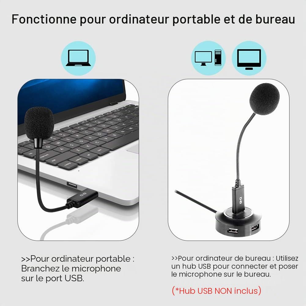 Microphone USB sans Fil pour Ordinateur Portable et Ordinateur de Bureau, avec col de Cygne et Carte Son intégrée, Compatible avec Windows PC et Mac, Petite Taille, prêt à l'emploi, Microphone à