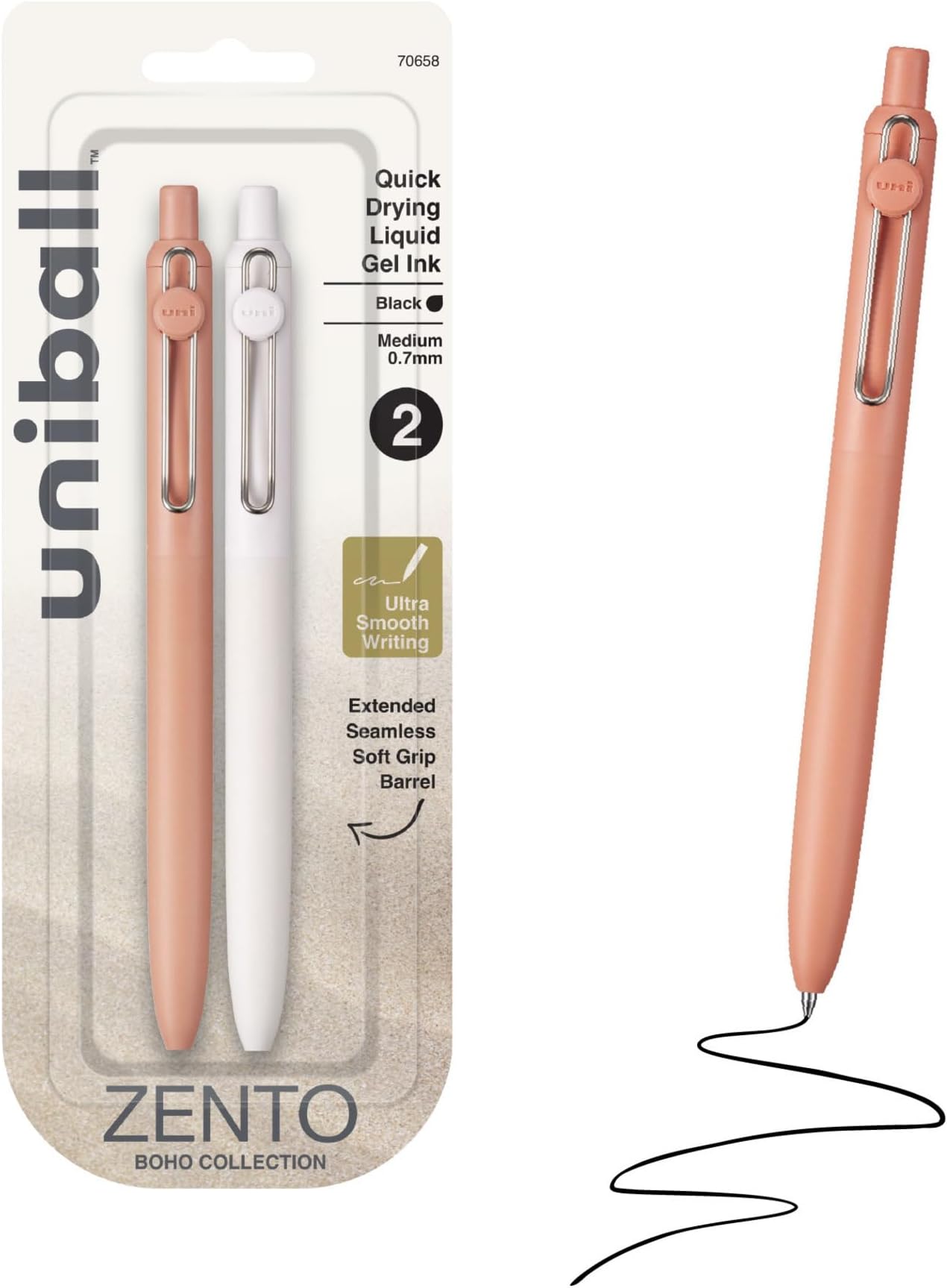 uniball™ Zento Gel Pens, Black Ink, 0.7mm Medium Point, Retractable, 2 Count, Smooth Writing, Quick-Drying, No Smear, No Bleed, Boho Barrel Colors