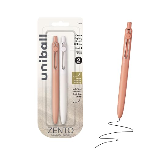 uniball™ Zento Gel Pens, Black Ink, 0.7mm Medium Point, 2 Count | Retractable, Smooth Writing, Quick-Drying, No Smear, No Bleed, Boho Barrel Colors