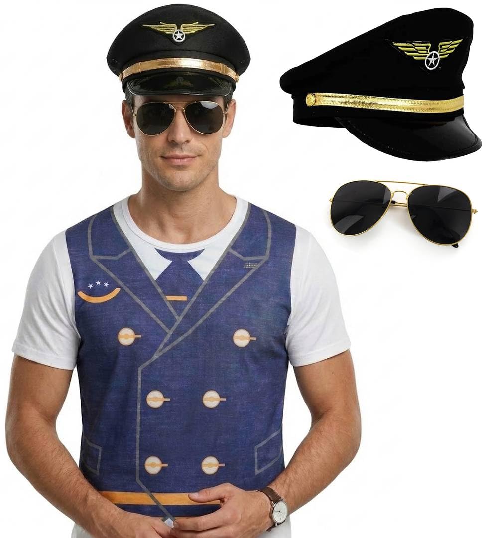 Conjunto de disfraz de piloto para adultos, camiseta de capitán de avión, sombrero de aviador y lentes de sol de piloto, disfraz de capitán de aerolínea para Halloween, Día Mundial del Libro, fiesta