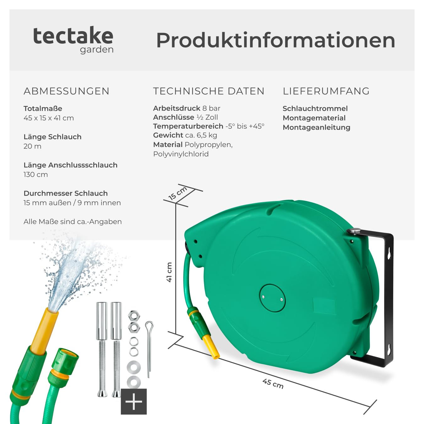 tectake® Schlauchtrommel Wandmontage, Gartenschlauch 1/2 Zoll, Wasserschlauch Aufroller, Schlauch Trommel mit Einzugsautomatik, Schlauchrolle, Wasserschlauchtrommel, Sprühschlauch, Hose Reel - 20m