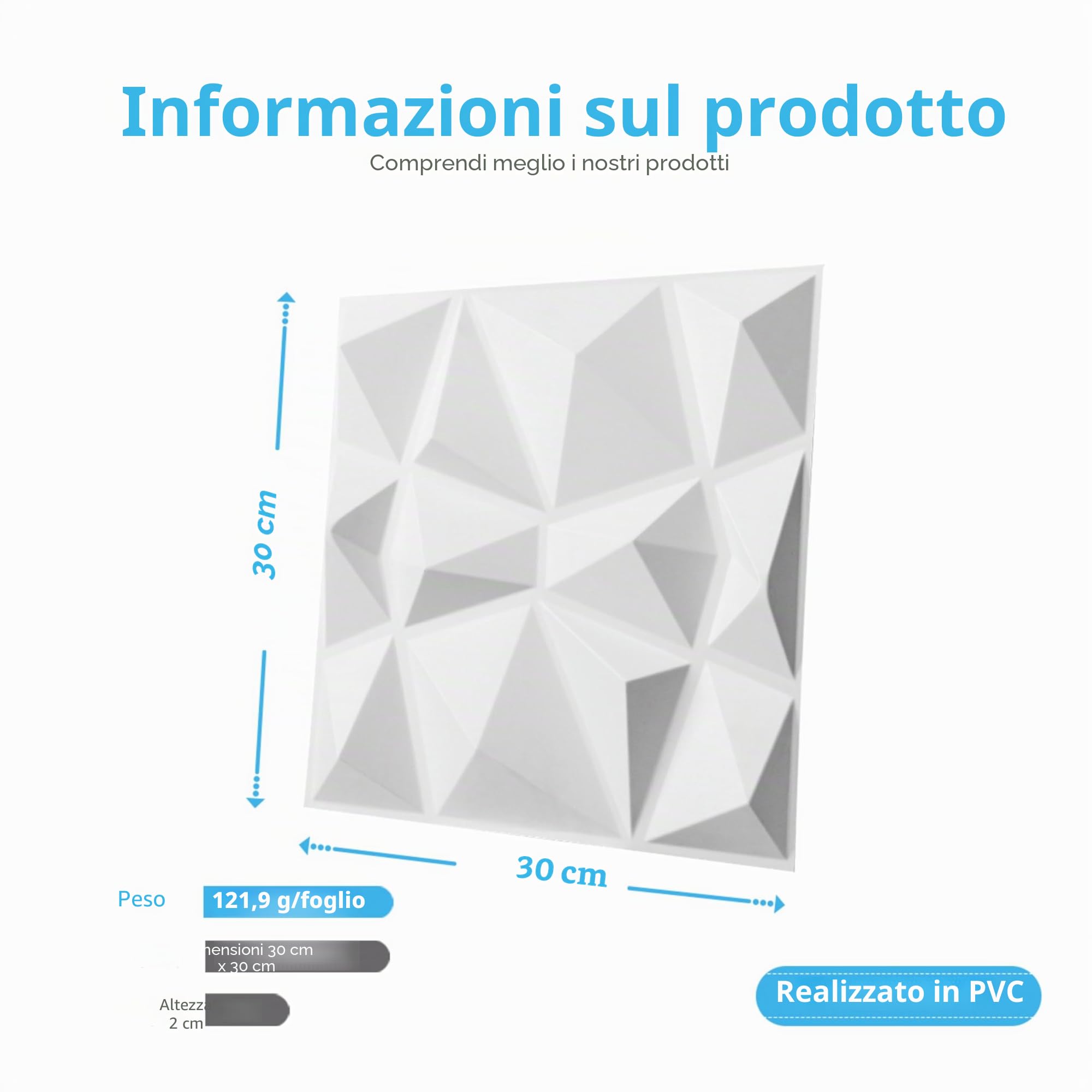Art3d 33 Pezzi Pannelli da Parete 3D Diamante 30 x 30 cm, PVC Altamente Rigido, Indeformabile, Riciclabile, Impermeabile, Termoresistente, Inodore, Bianco Opaco