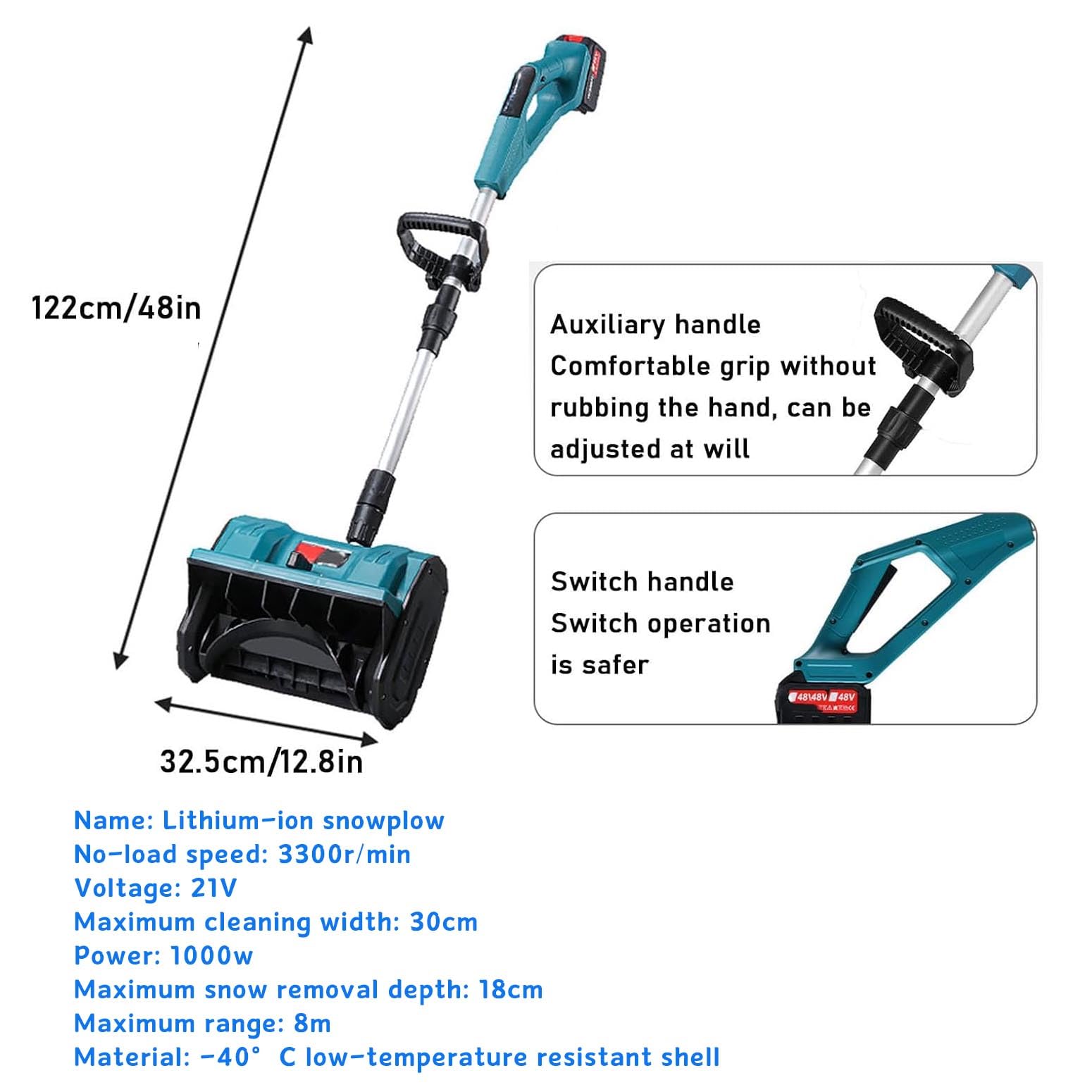 Pelle à neige sans fil pour batterie, souffleuse à neige électrique avec direction réglable et manche télescopique, pour allées, trottoirs, routes
