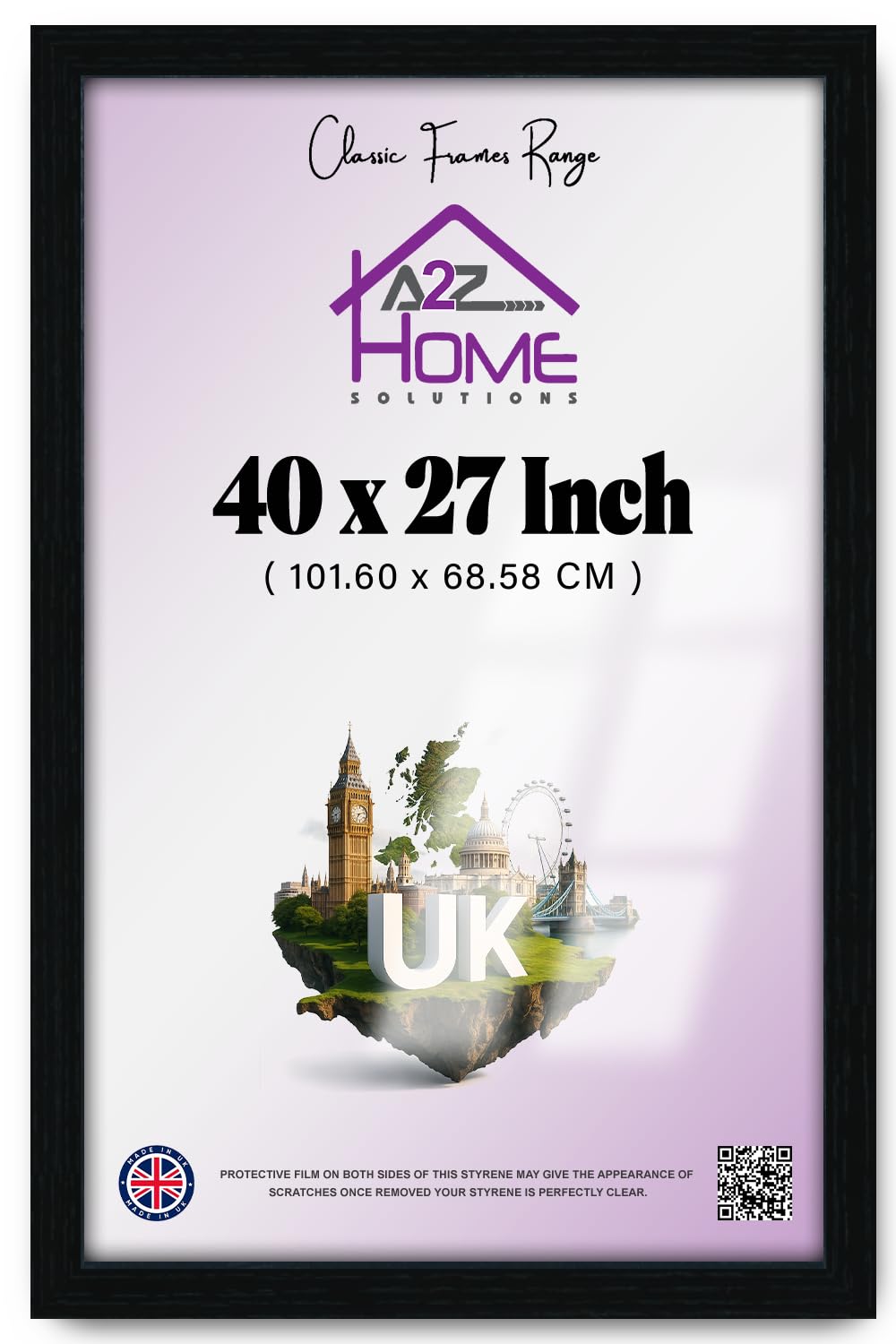 A2Z Home Solutions Elegant Engineered Wood Finish 40 X 27 Inch Poster Frame 101.60 X 68.58 CM Black Sleek Profile Museum Style Display For Artwork Prints Photos Wall Décor Gallery Ready