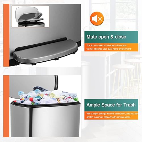 Miniatura 4 de Basurero de acero inoxidable a prueba de huellas dactilares con cubo interno extraíble y tapas con bisagras con pedal de 132galones 50l para oficina