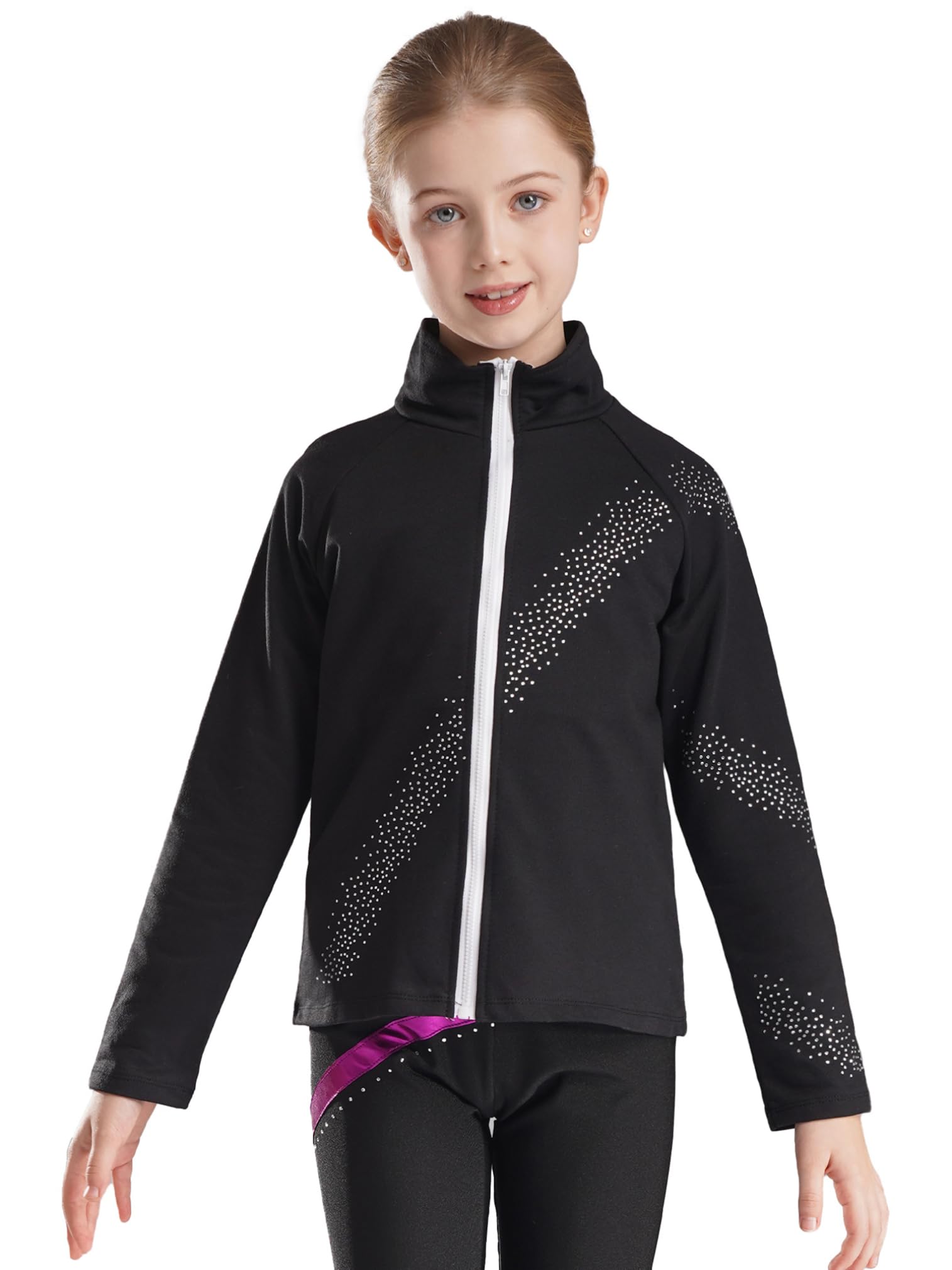 easyforever Kids Boys Girls Figure Skating Jacket Long Sleeve Stand Collar Rhinestones Zipper Sweatshirt Top Outerwear Black 6 Years