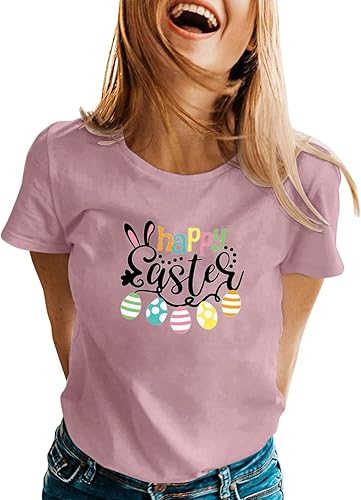 Easter T Shirts for Women Funny, Easter Day Shirts Womens Bunny Eggs Printed T-Shirt Short Sleeve Graphic Tees Tops