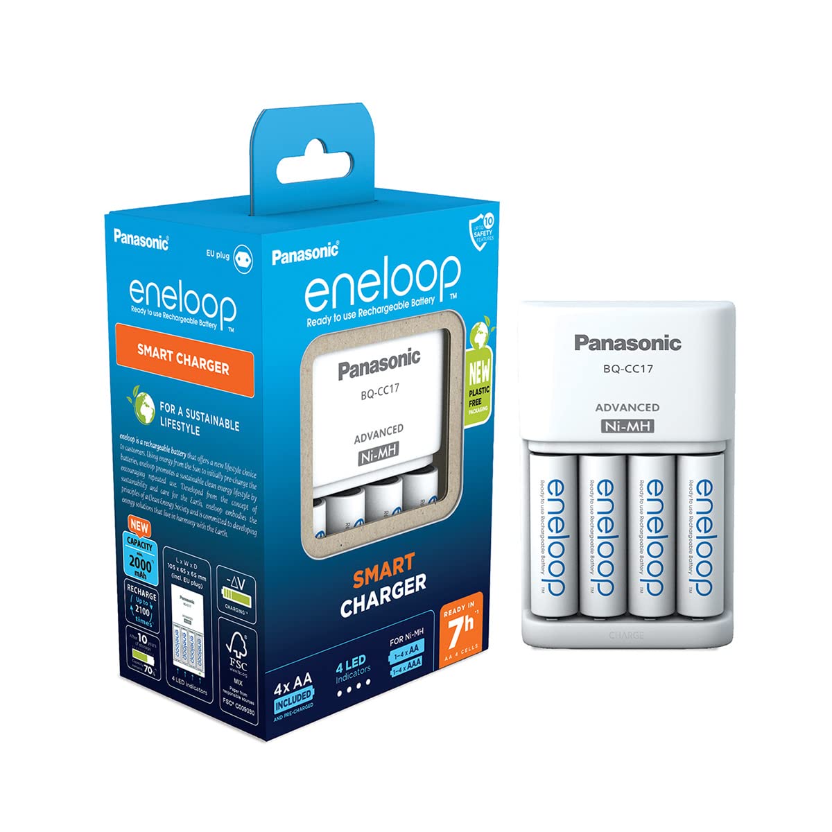 eneloop Caricabatterie Smart per Batterie AA/​AAA Ni-​MH, Include 4 Batterie AA 2000 mAh, 100-​240V, Ricarica in 7 Ore