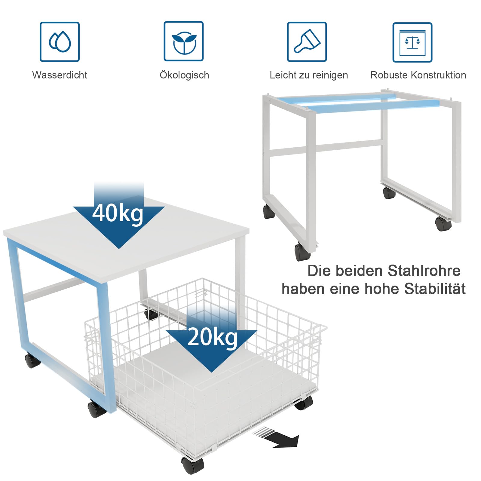 PUNCIA Kühlschrankständer auf Rollen Kühlschrankhalter mit Metallkorb Untergestell für Kühlschrank Sockel für Gefrierschrank Ausziehbarer Aufbewahrungskorb Küche Wohnzimmer Arbeitszimmer Büro Weiß