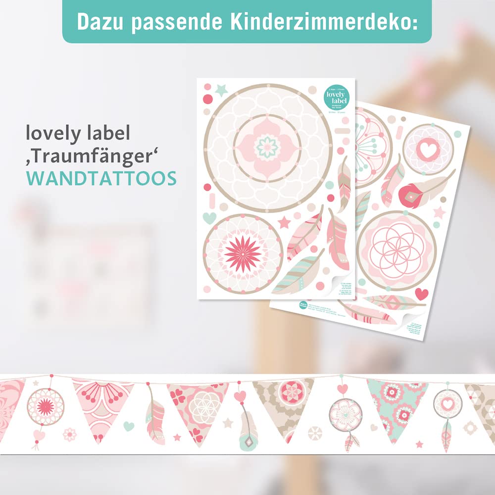 Bordüre selbstklebend TRAUMFÄNGER ROSA BEIGE - Wandbordüre Kinderzimmer Babyzimmer mit Wimpel - Wandtattoo Schlafzimmer Mädchen – Wanddeko Baby Kinder