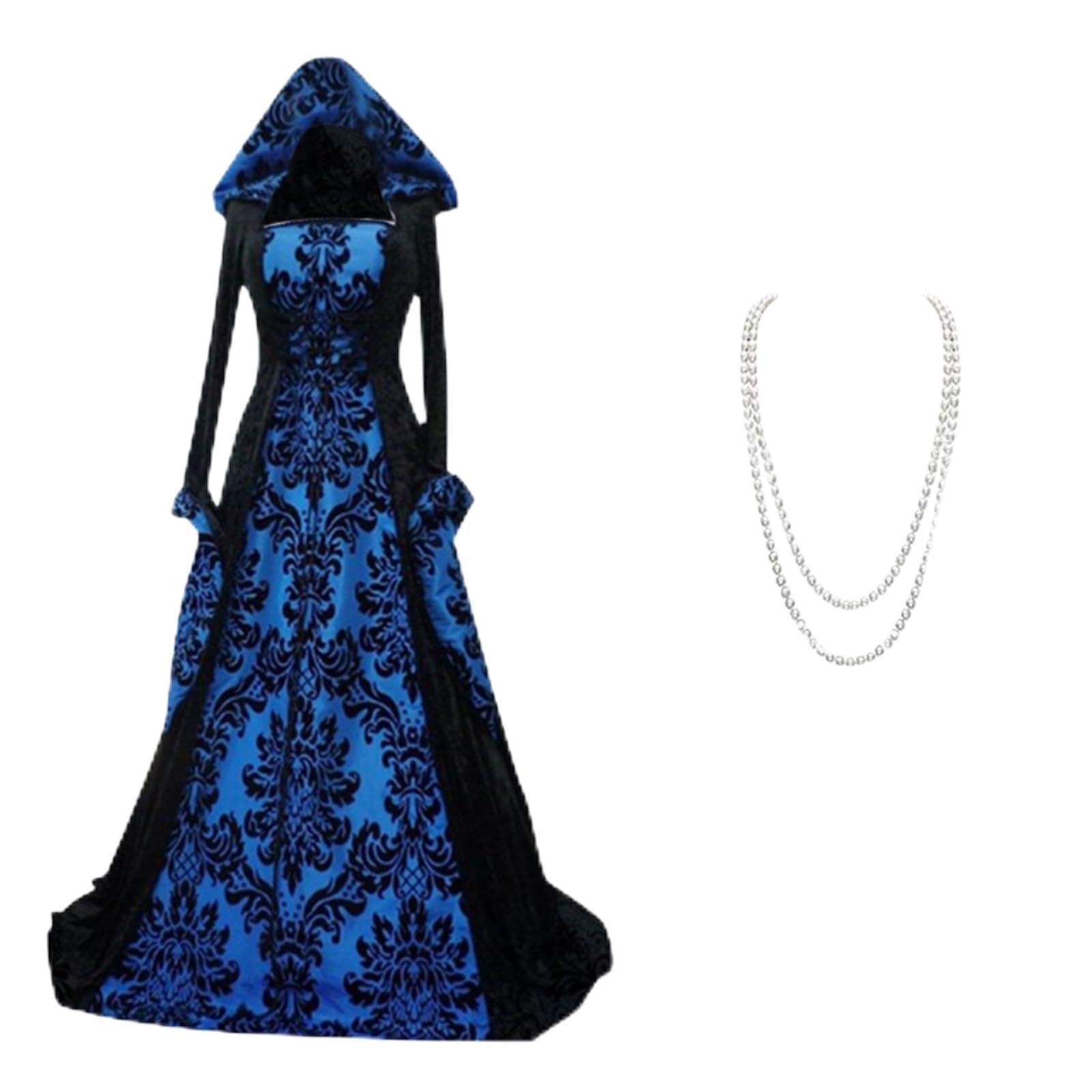 Robe rétro médiévale Artistique, Manches Longues, Lacets, Taille cintrée, Capuche, Robe imprimée