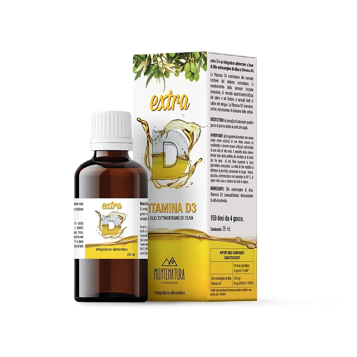 Extra D Vitamina D3 2000UI Gocce Olio EVO Italiano - Integratore Vegano Lichene Islandico - Ossa e Sistema Immunitario - Alto Assorbimento - 5 Mesi di Fornitura - 100% Naturale No Glutine