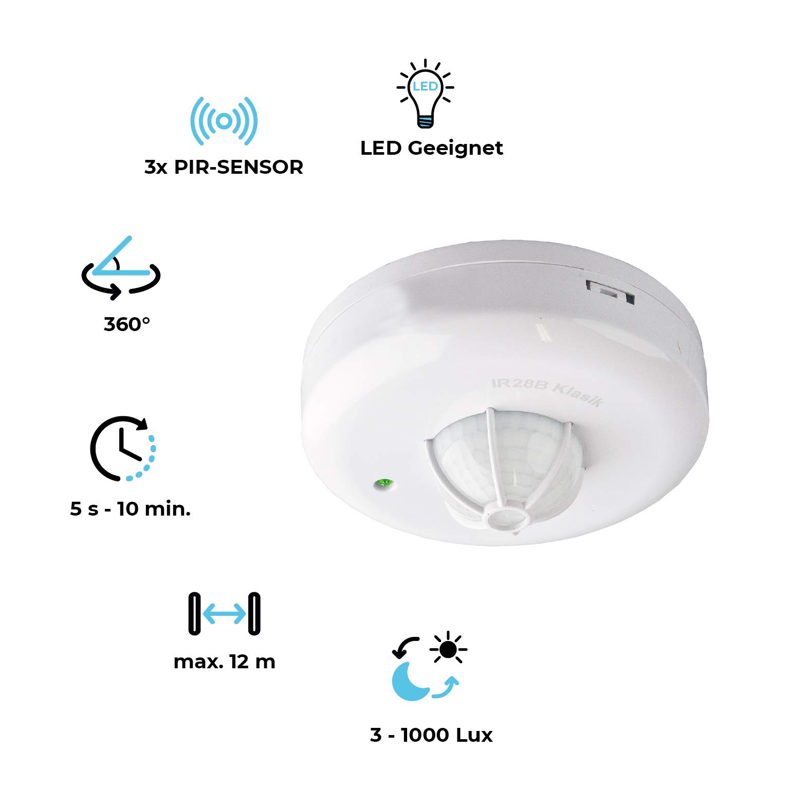 Rilevatore di movimento bianco, 360 gradi, interno IP20, montaggio a soffitto, adatto a LED