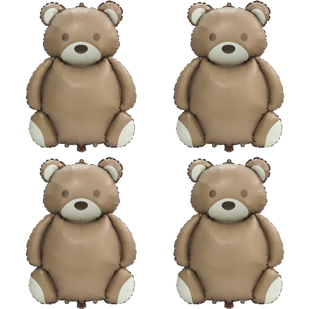 4D 35'' Big Brown Bear Balloons Cartoon Teddy Bear Party Supplies, 4 Pack Matte Bear Helium Mylar Foil Balloons For Jungle Woodland Animal Farm Safari Zoo Themed Party Decoration Home Decor