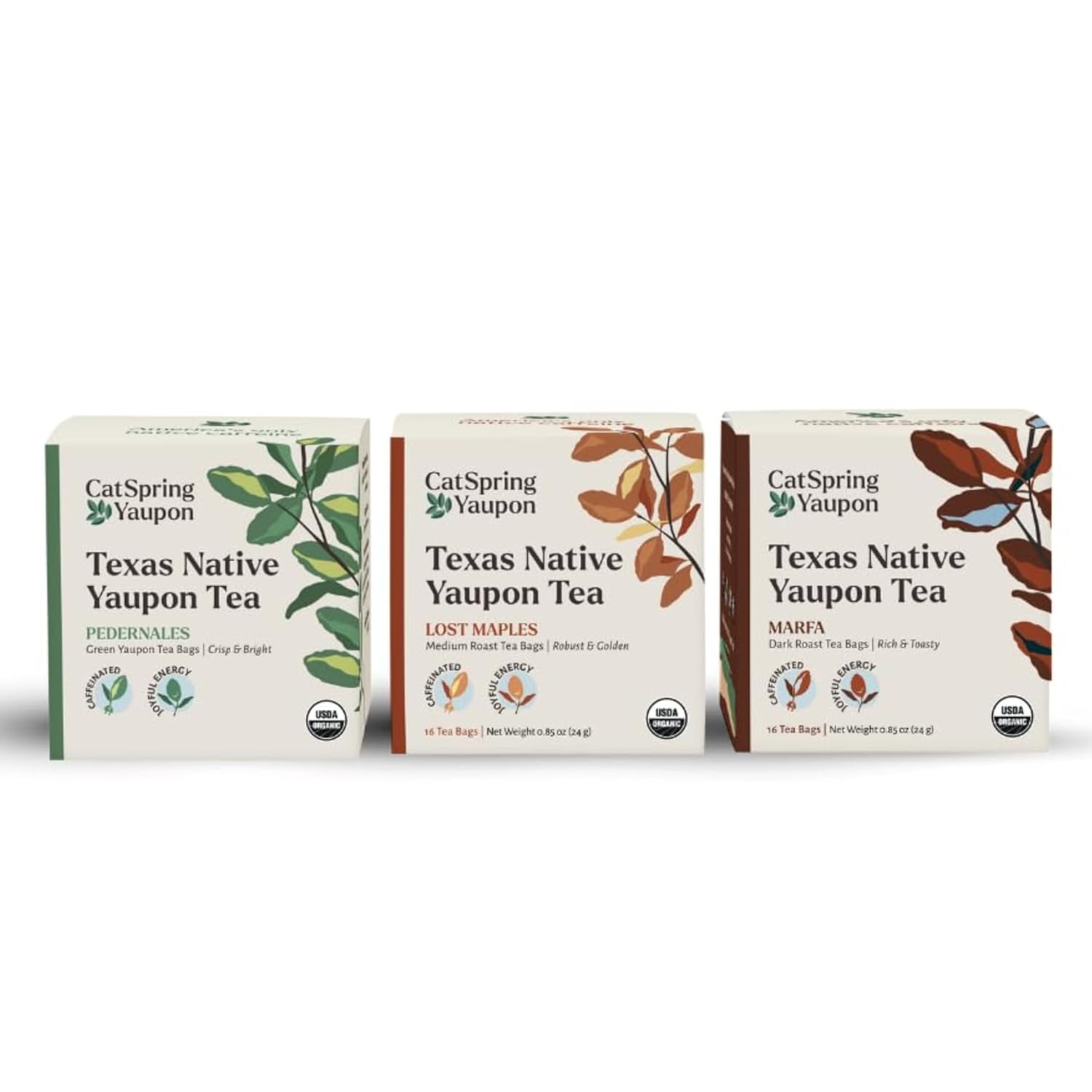 CatSpring Yaupon Tea Multi-Variety Pack, 48 Teabags, Green, Dark, and Medium Roast, Naturally Caffeinated, Sustainable and Wild-Harvested, Non-Bitter, Antioxidant Rich, Made in USA