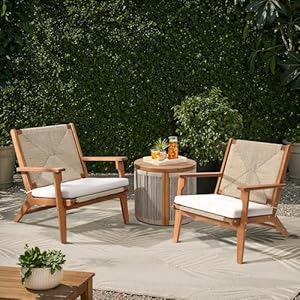 Hometopia Outdoor Gartenstühle 2er Set Holz, Gartensessel mit Geflochtener Seilrückenlehne und Kissen für Terrasse, Balkon und Garten Bis 150 kg Belastbar in Natur 64 x 73 x 73 cm