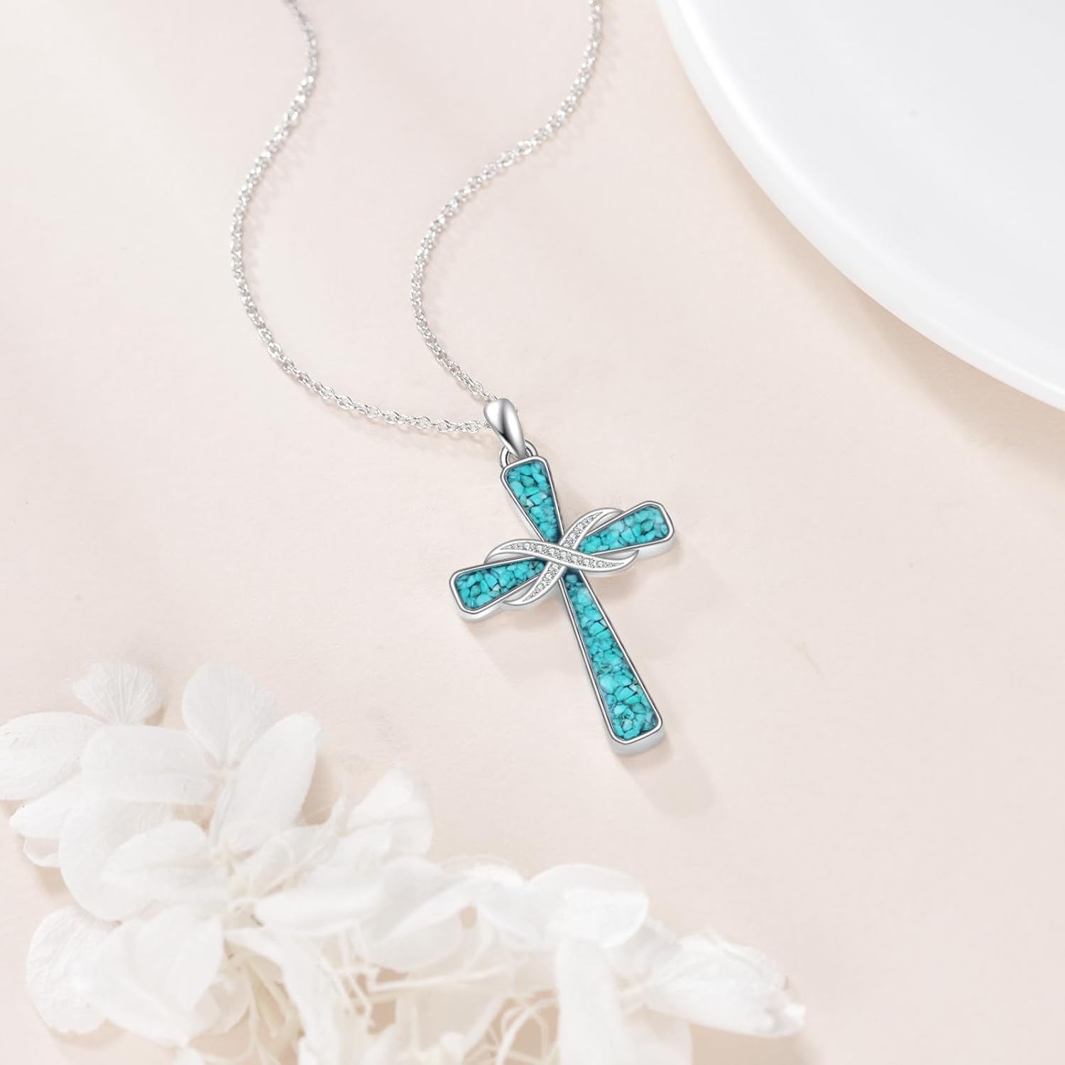 Cross Infinity Necklace 925 Sterling Sliver Turquoise Cross Pendant Infinity Jewelry Gifts for Women Female Lover - Image 2