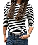 Women's 3/4 Sleeve Striped Boat Neck T Shirts Classic French Breton Stripe Casual Tee