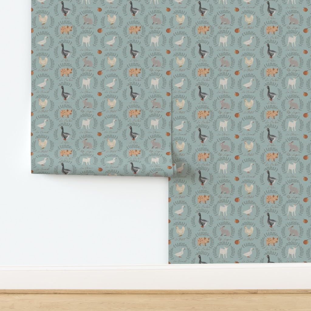 Peel & Stick Wallpaper 6ft x 2ft - Blue Animal Friends Pig Traditional Rabbits Ducks Chickens Farm Animals Goats Farmhouse French Custom Removable Wallpaper by Spoonflower