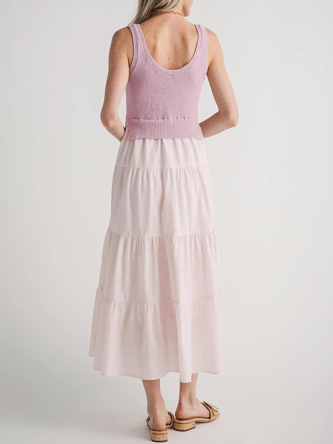 Women's V Neck Sleeveless Midi Dress Patchwork Knit Casual Long Flowy Summer Tank Dress