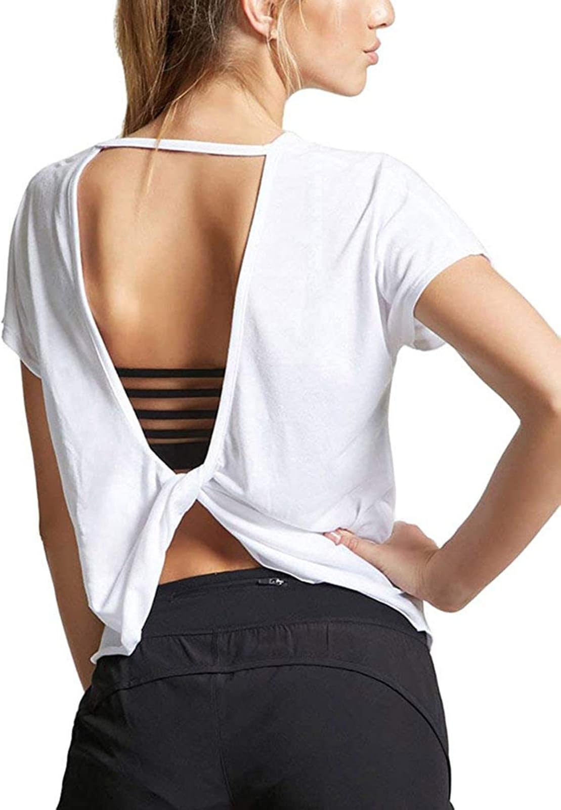 Womens Open Back Workout Tops Loose Short Sleeve Athletic Gym T Shirts