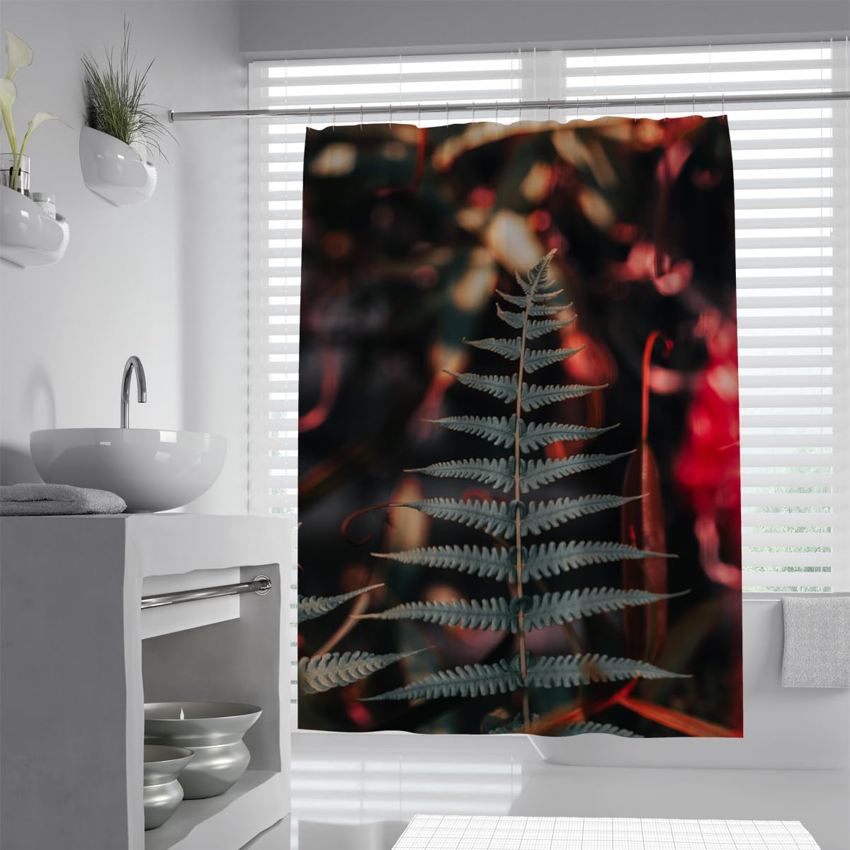 UIRINGART Red Autumn Forest Fern Shower Curtain W200xL220cm Goth Botanical Jungle Fronds Waterproof Machine Washable Bathtub Screen with Hooks