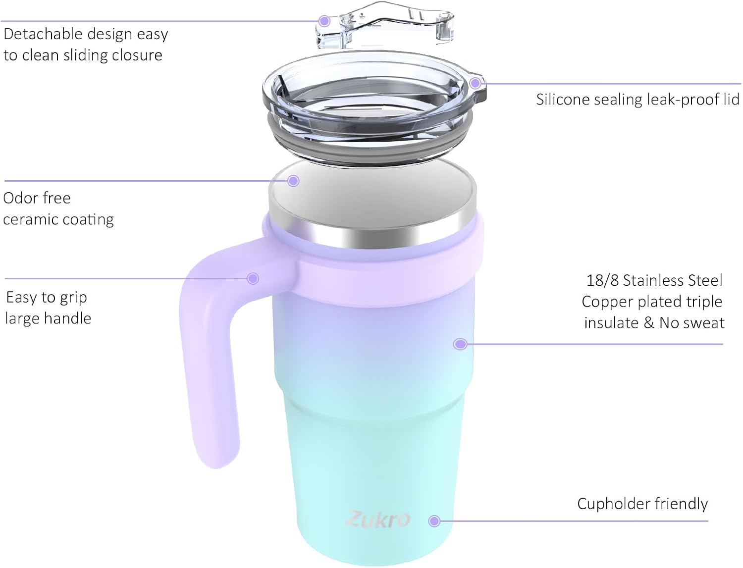 Zukro 20 oz Tumbler with Handle, Lid and Straw, Ceramic Lined, Double-Walled Vacuum Insulated Stainless Steel Coffee Cups for Home/Office/Work, Travel Mug for Hot and Cold Drinks, BPA-Free, Checker - Image 3