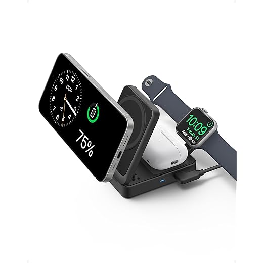 Anker MagGo 3-in-1 Charging Station, Qi2 Certified 15W MagSafe-Compatible Wireless Charger Stand, Foldable Charger for iPhone 15/14, AirPods, Apple Watch 9 (40W USB-C Charger Included)