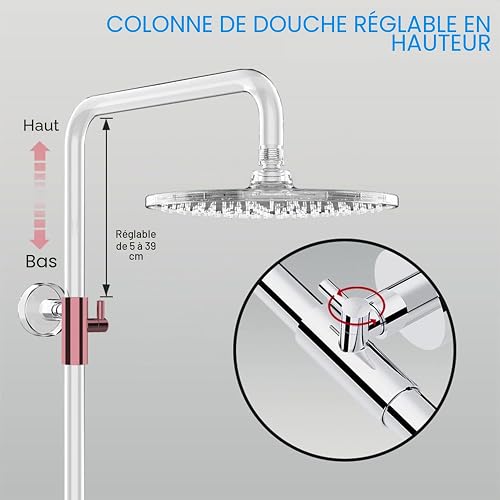 Rainsworth Système de douche avec thermostat chromé - Kit complet avec pommeau de douche rond de 25 cm - Pommeau de douche à 3 types de jet - Hauteur réglable de 92 à 126 cm - Douche à effet pluie - 2
