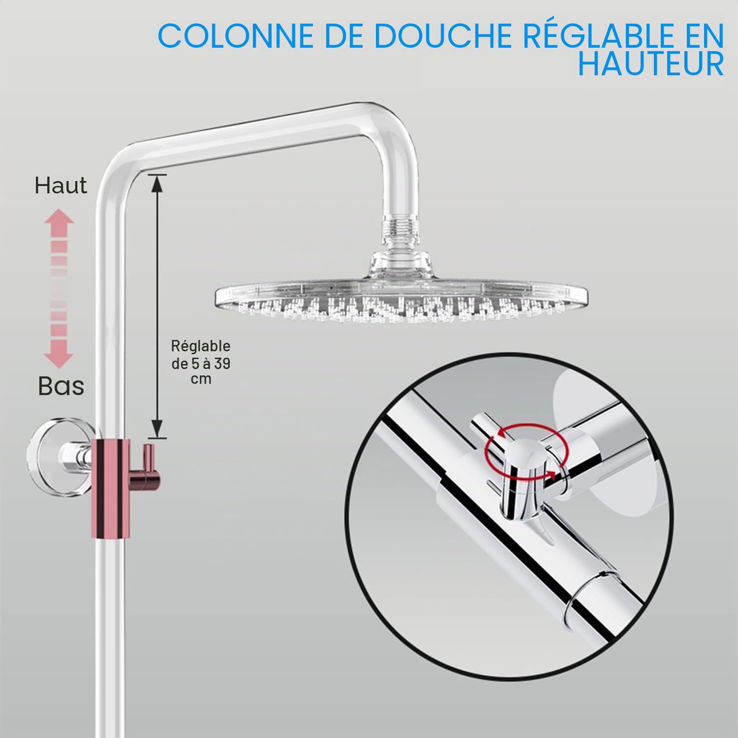 Rainsworth Système de douche avec thermostat chromé - Kit complet avec pommeau de douche rond de 25 cm - Pommeau de douche à 3 types de jet - Hauteur réglable de 92 à 126 cm - Douche à effet pluie | Mitigeur de douche complet avec douchette à 3 jets, barr