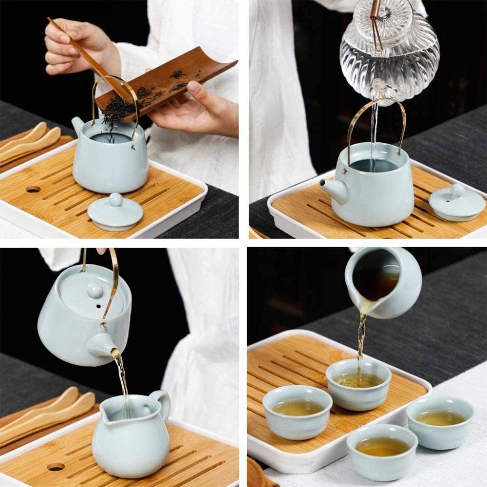 Chinesisches Kung-Fu-Tee-Set aus Keramik, tragbares Reise-Fu-Teeset mit Holz-Teetablett, handgefertigt, Vintage-Tee-Set, Ge Yao Ru Yao Reise-Tee-Set, Blau