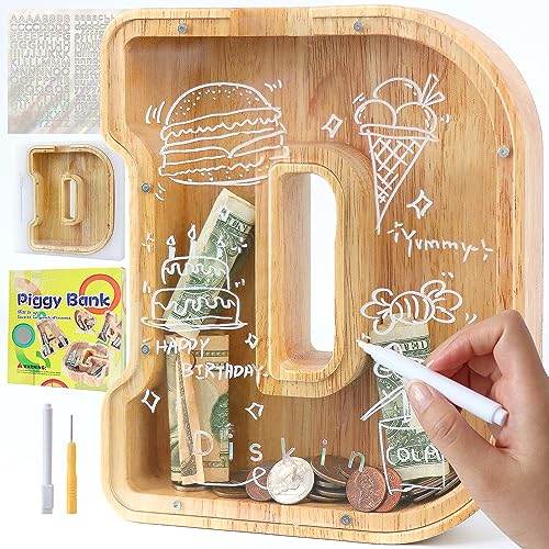 Mikytoper Letter Money Box for Kids Large Wooden Personalized A-Z Piggy Bank Clear Alphabet Money Bank Coin Bank for Gift Decoration Baptism (D)