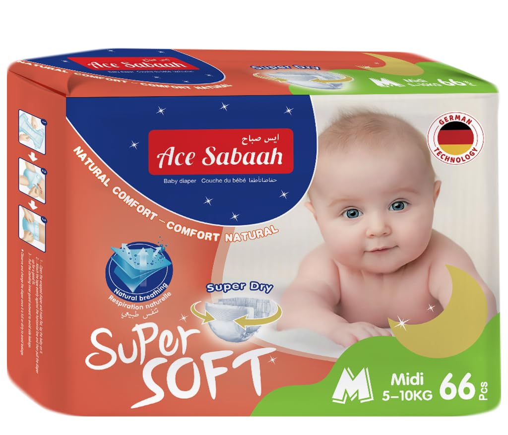 Super Soft Dry Diapers, Natural Comfort, Size 3, Medium 5-10kg, 1 Pack 66 Diaper Mega Pack