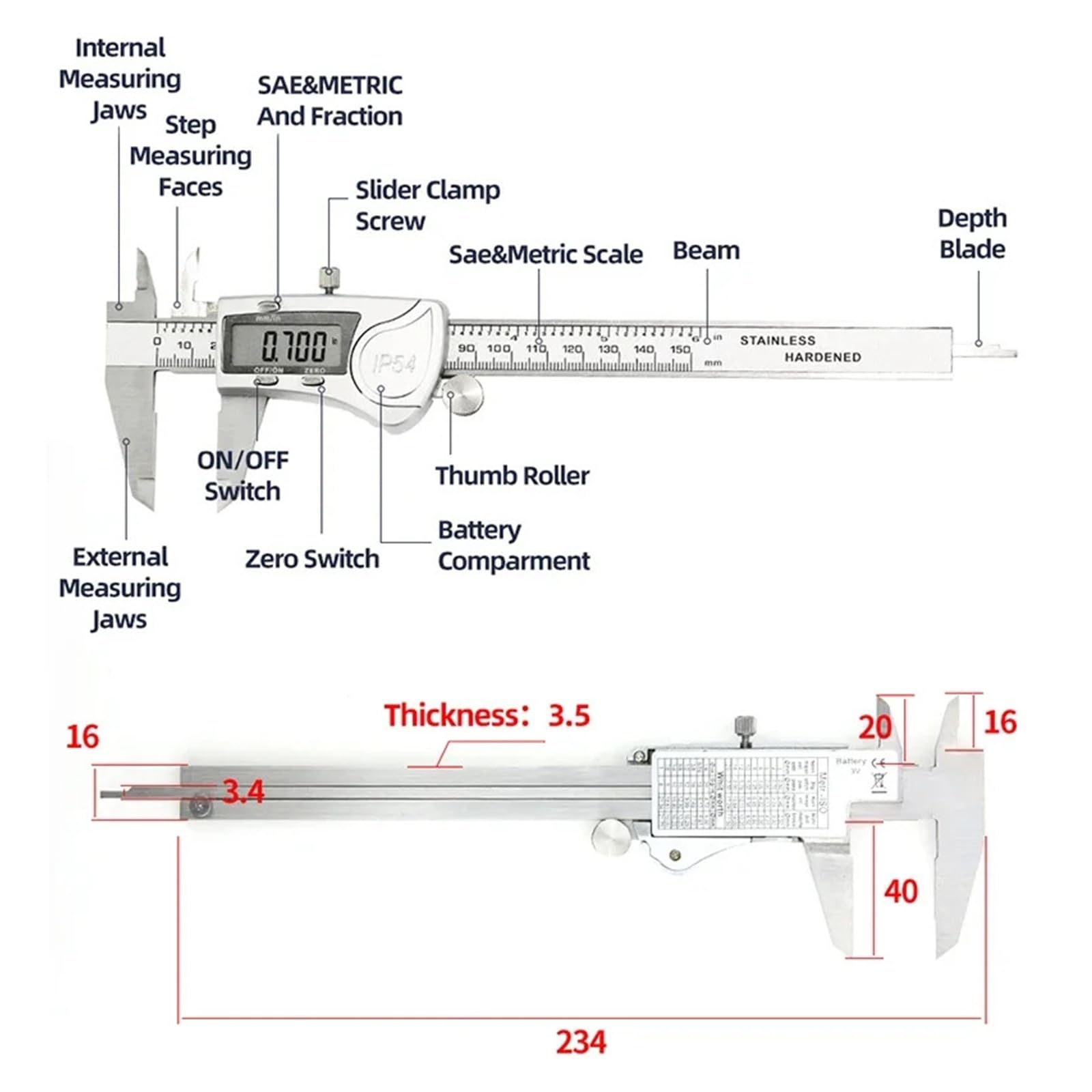 Suwmiarka IP54, stal nierdzewna, pachymetr, kaliber, narzędzia pomiarowe, narzędzia ciesielskie, suwmiarka, metalowa, linijka noniusza (IP54 Caliper)